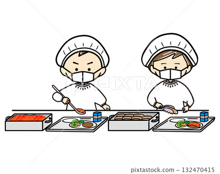 負責午餐的男孩和女孩們正在分發麵包和配菜 132470415