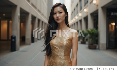 Elegant woman in stylish dress posing in a modern urban alleyway with soft lighting Elegant woman in stylish dress posing in a modern urban alleyway with soft lighting 132470575