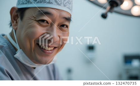 Smiling Surgeon in Scrubs Offering a Positive Vibe in the Operating Room Environment 132470735