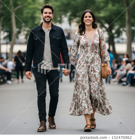 A smiling couple holding hands walking in a city park 132470862