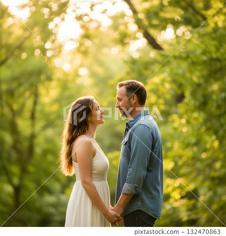 Couple holding hands and gazing at each other in a sunny park 132470863