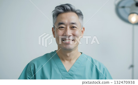 Friendly Male Doctor in Scrubs Smiling at Camera in Modern Medical Environment 132470938