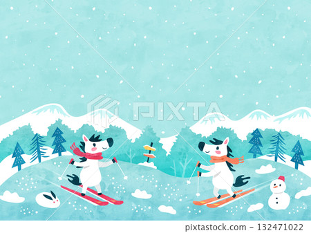 Background illustration of a skiing horse. Natural scenery of a snow-covered slope and snowy mountains (watercolor style) Background illustration of a skiing horse. Natural scenery of a snow-covered slope and snowy mountains (watercolor style) 132471022