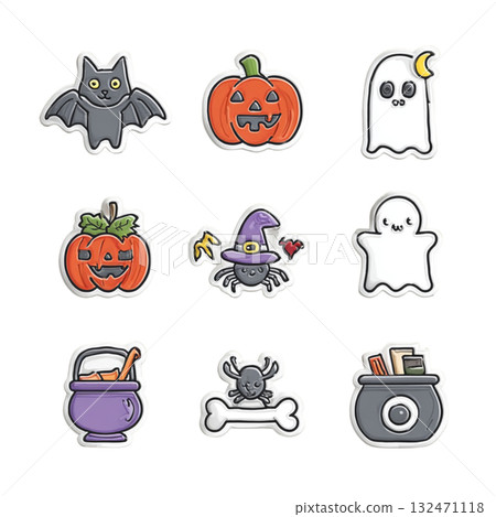 Colorful Halloween Stickers Featuring Bat, Pumpkin, Ghost, and More 132471118