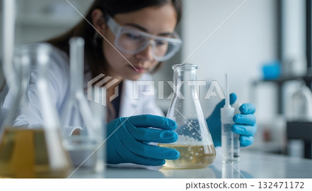 Female Chemist Conducting Experiment in Laboratory with Beakers and Test Tubes 132471172