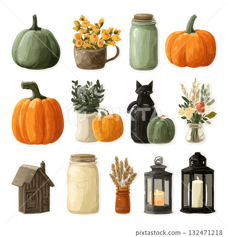 Colorful Autumn Decor with Pumpkins, Flowers, and Cozy Accessories 132471218