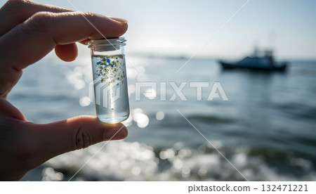 Hand Holding Water Sample in Jar with a Soft Focus Ocean Background and Boat 132471221