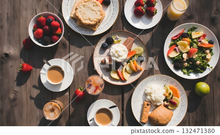 Colorful Breakfast Table with Fresh Fruits, Pastries, and Healthy Salads on Wooden Surface Colorful Breakfast Table with Fresh Fruits, Pastries, and Healthy Salads on Wooden Surface 132471380