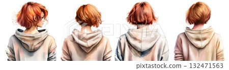 Four watercolor-style portraits of a young person in a hoodie 132471563