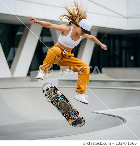 Female skateboarder performing a trick mid air at a modern skatepark 132471566