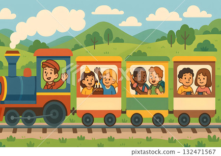 Smiling Children Riding a Colorful Train Through Hills Smiling Children Riding a Colorful Train Through Hills 132471567