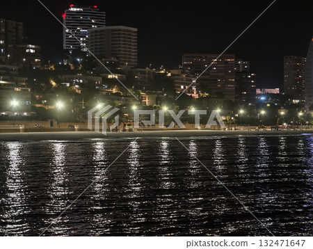 quiet evening city view with illuminated skyscrapers and tranquil river reflections for peaceful 132471647