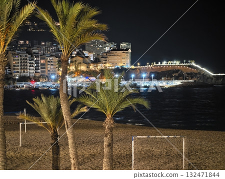 luminous skyline with diverse architecture reflected in tranquil waters during lively nocturnal 132471844