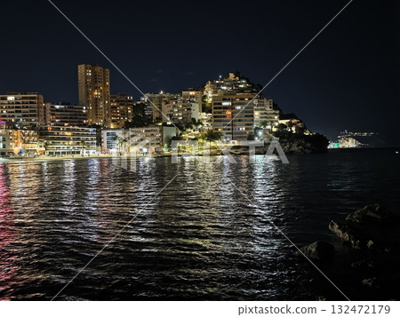 urban night scene, nightfall drapes city in cool shades with serene reflections across rippled 132472179