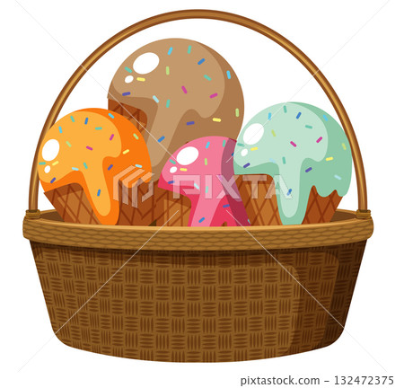 Colorful Ice Cream Cones in Wicker Basket Colorful Ice Cream Cones in Wicker Basket 132472375