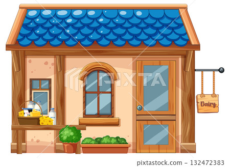 Small Dairy Shop with Blue Tiled Roof Illustration 132472383
