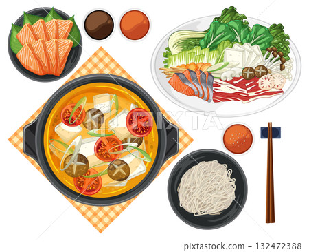 Japanese Hot Pot with Fresh Vegetables and Noodles Overhead Japanese Hot Pot with Fresh Vegetables and Noodles Overhead 132472388