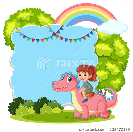 Child Riding Pink Dinosaur in Colorful Forest Scene 132472389