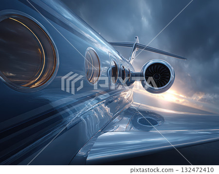 Luxury jet exterior detail showing polished engine nacelle and wing design with dramatic sky and sunset light 132472410
