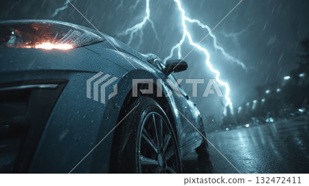 Electric car charging during thunderstorm with dramatic lightning and rain creating intense atmospheric weather conditions Electric car charging during thunderstorm with dramatic lightning and rain creating intense atmospheric weather conditions 132472411