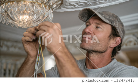 Man installing chandelier light fixture with focus and care on electrical wiring and ceiling fan removal for safety Man installing chandelier light fixture with focus and care on electrical wiring and ceiling fan removal for safety 132472413