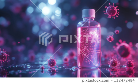 Clear sanitizer bottle glows with pink light surrounded by virus particles highlighting importance of hygiene and mysophobia in virus protection Clear sanitizer bottle glows with pink light surrounded by virus particles highlighting importance of hygiene and mysophobia in virus protection 132472494