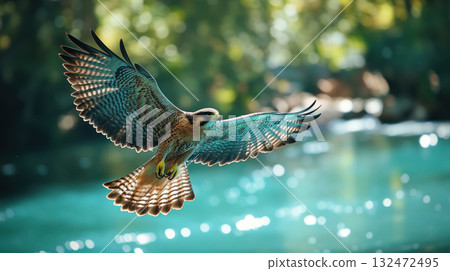 Close up cinematic view of falcon flying low above vibrant teal lake with crystal clear water reflecting soft sunlight and bright green forest 132472495