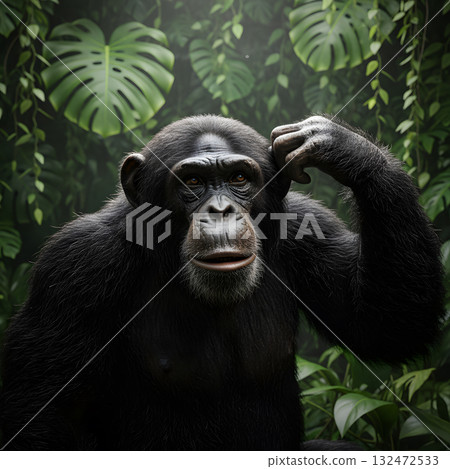 Chimpanzee Scratching Its Head in a Dense Jungle 132472533