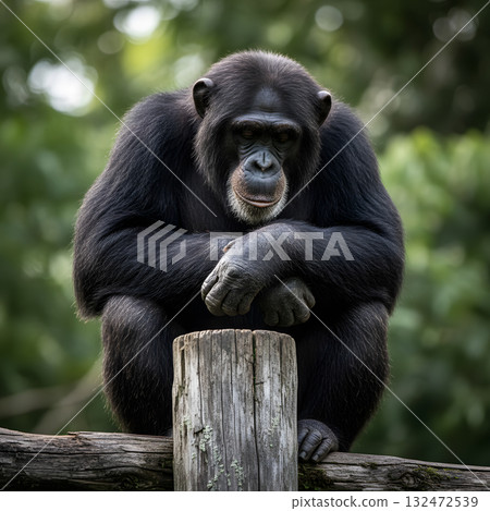 A mature chimpanzee sitting thoughtfully on a wooden post A mature chimpanzee sitting thoughtfully on a wooden post 132472539