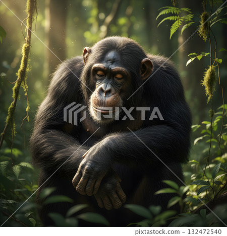 Tranquil Chimpanzee with Closed Eyes in Forest 132472540