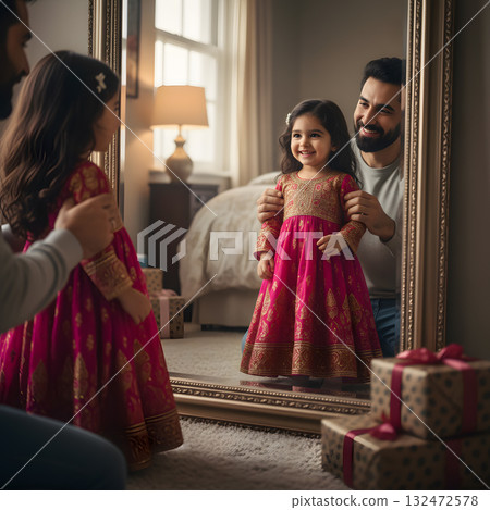 Father and Daughter Admiring a Bright Pink Traditional Dress 132472578
