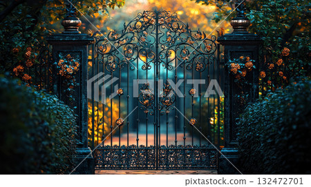 ornate wrought iron gate adorned with intricate floral details stands amidst lush greenery and glowing warm light 132472701