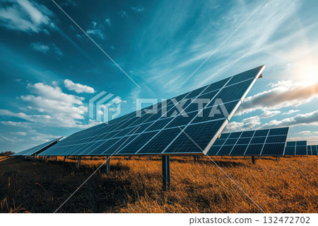 Solar panels in field under vibrant blue sky with clouds, capturing sunlight for renewable energy production Solar panels in field under vibrant blue sky with clouds, capturing sunlight for renewable energy production 132472702