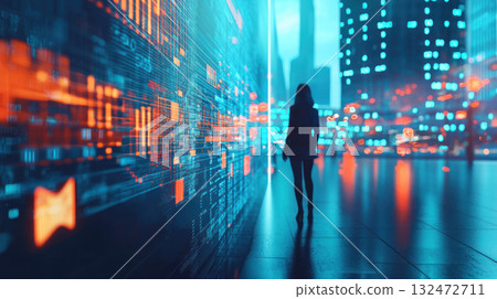 silhouette of person walking futuristic cityscape with vibrant neon lights and digital data visuals, creating sense of innovation and technology 132472711