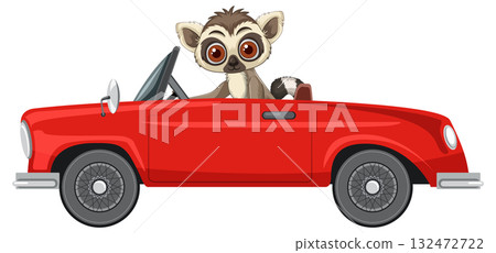 Lemur Driving Red Convertible Car Vector Illustration 132472722
