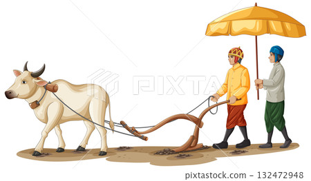 Traditional Cambodian Farming Scene with Ox and Farmers Traditional Cambodian Farming Scene with Ox and Farmers 132472948