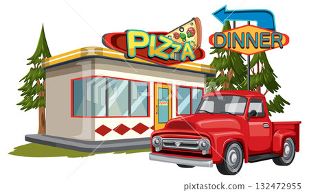 Red Pickup Truck Parked Outside Retro Pizza Diner Red Pickup Truck Parked Outside Retro Pizza Diner 132472955
