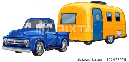 Vintage Truck with Retro Camper Illustration Vintage Truck with Retro Camper Illustration 132472956