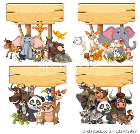 Cartoon Wild Animals Grouped Around Wooden Signboards Cartoon Wild Animals Grouped Around Wooden Signboards 132472957