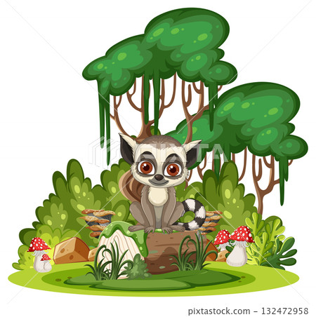 Ring-Tailed Lemur Sitting on Forest Log in Jungle Ring-Tailed Lemur Sitting on Forest Log in Jungle 132472958