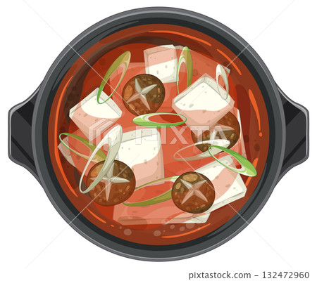 Korean Tofu Stew with Mushrooms and Scallions in Pot 132472960