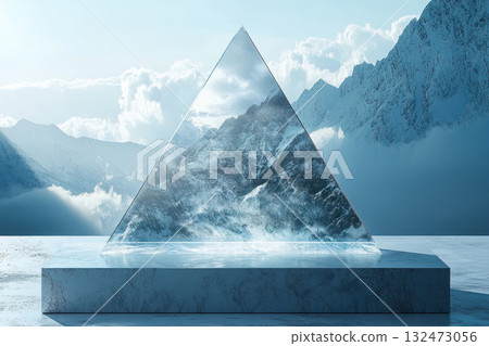 stunning glass pyramid showcasing mountain landscape, reflecting nature beauty stunning glass pyramid showcasing mountain landscape, reflecting nature beauty 132473056