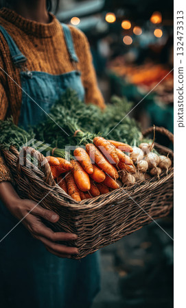 Person holding basket full of fresh carrots and garlic in cozy lifestyle setting with nature inspired colors and warm lighting 132473313