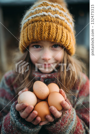 Young child wearing warm knitted hat and sweater holds fresh brown eggs gently in both hands, smiling softly with cozy feeling 132473315