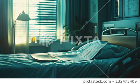 Empty hospital bed with financial report highlighting expense control. serene atmosphere reflects importance of managing 132473409