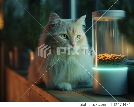 Smart home device dispenses food while fluffy cat with green eyes waits patiently on wooden surface near window at night 132473485