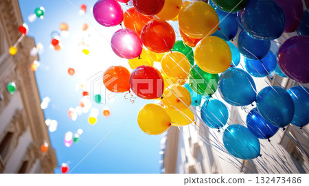 Colorful balloons floating in sky symbolize joy and celebration, with bright hues of red, yellow, green, and blue 132473486