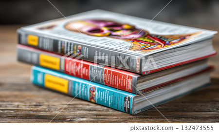 Medical reference books stacked with anatomy charts and colorful for healthcare education and professional study Medical reference books stacked with anatomy charts and colorful for healthcare education and professional study 132473555