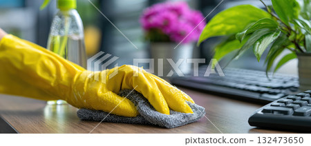 Cleaning disinfect process shows mysophobia care to avoid virus spread on office desk with keyboard and plant in background 132473650