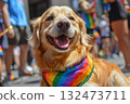 Joyful dog wearing rainbow bandana at Pride parade, celebrating love and diversity 132473711